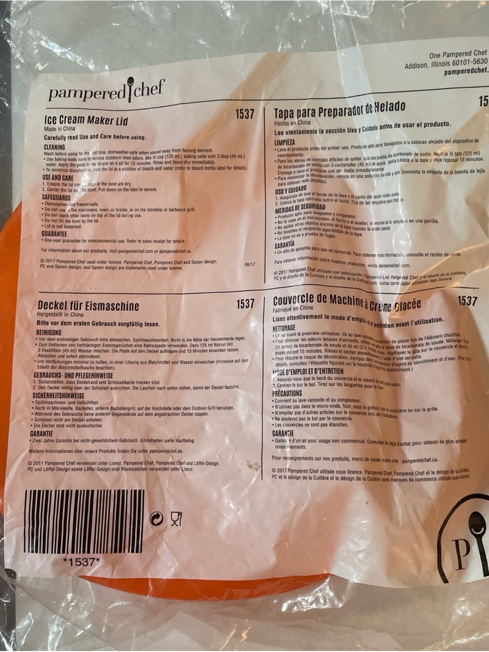 Pampered Chef 1537 Ice Cream Maker Silicone Lid Orange New Sealed